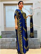 Silky Navy Blue Yellow Kaftan Dress