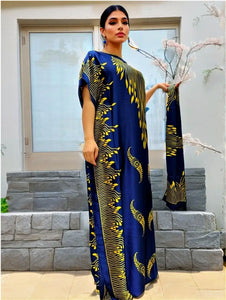 Silky Navy Blue Yellow Kaftan Dress