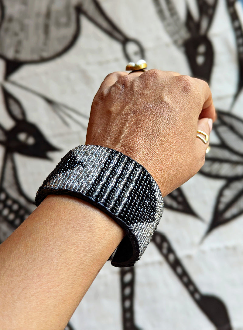 Black Silver Beaded Leather Cuff Bracelet – Reflektion Design
