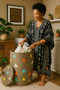 Woman in a patterned dress sorting laundry in a colorful woven basket in a home setting.