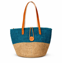 Woven tote bag with blue top half and natural bottom half on a white background