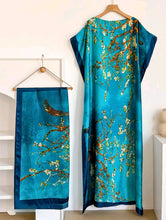 Teal Blue Floral Silky Kaftan Dress With Belt/Scarf
