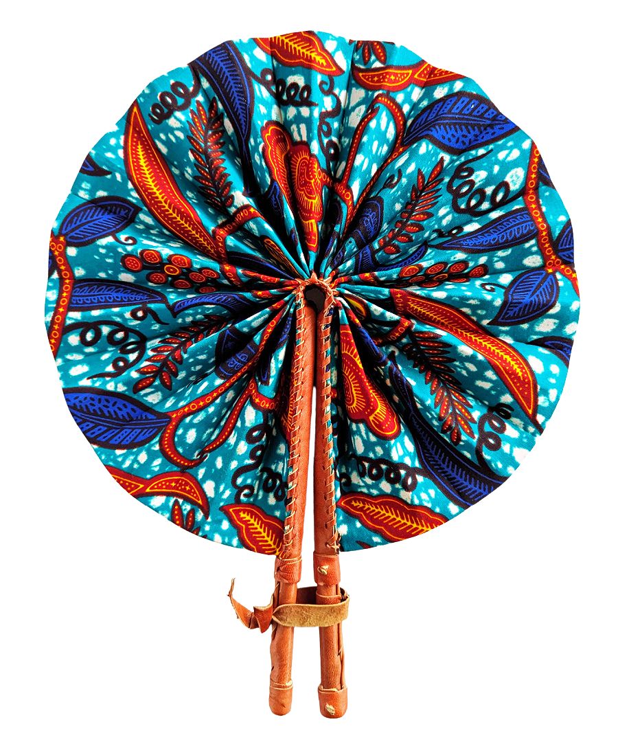 Teal Blue Orange Floral Ankara Fabric Folding Hand Fan