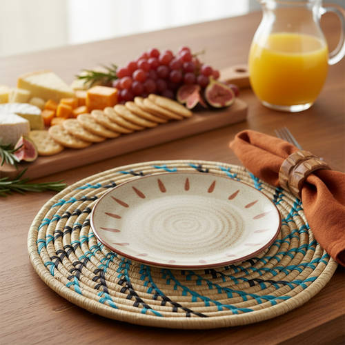 Ceramic plate on a woven placemat with a charcuterie board and orange juice in the background.