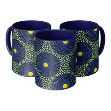 3 blue yellow green african pattern coffee mugs side by side
