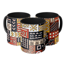 3 abstract tribal african pattern coffee mugs side by side