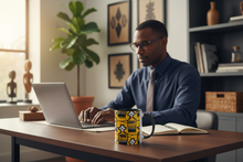 A man wearing glasses and a blue shirt sits at a wooden desk using a laptop in a bright home office. A yellow and black patterned mug sits on the desk in the foreground.