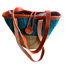 Handwoven Kenyan Kiondoo Sisal Shoulder Bag – Turquoise & Natural Leather Handles