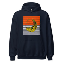 A person wearing a navy blue hoodie with an African pattern, smiling and raising their hands with hoodie over their head.