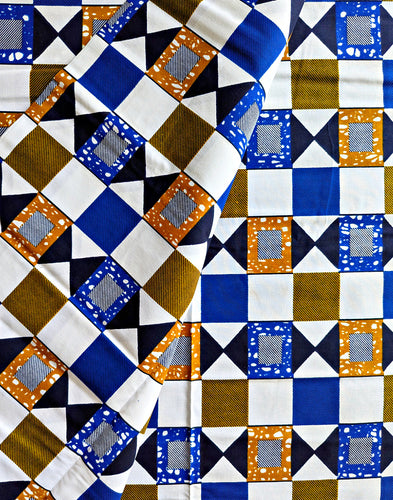 Blue White Abstract African Print Fabric 2 Yards