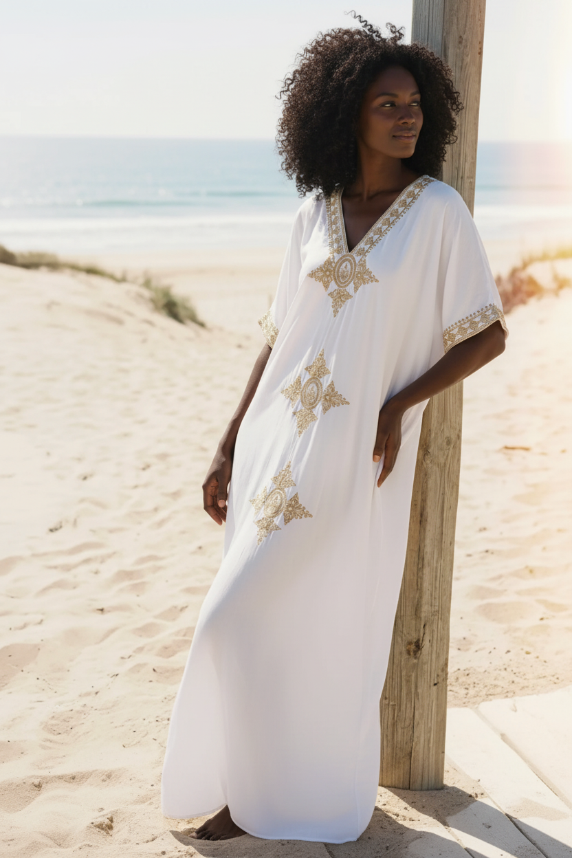White Gold Embroidered Kaftan Dress Beach Cover Up – Reflektion Design