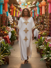 Woman in a black dress with gold patterns walking through a vibrant market with colorful lanterns and stalls.