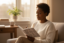 A woman with short curly hair sits in a beige armchair by a window, reading a patterned notebook. She is wearing a cream ribbed knit sweater and beige pants.
