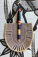 Navy Blue Natural Woven African Hand Fan Leather Handle