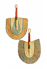 Two hand-woven African-style straw fans with wooden handles, displayed against a solid white background.