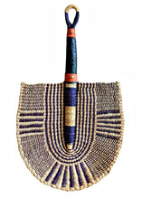 Navy Blue Natural Woven African Hand Fan Leather Handle