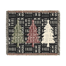 Woven blanket with geometric tree pattern on a black background