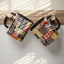two african pattern coffee mugs hung on hooks