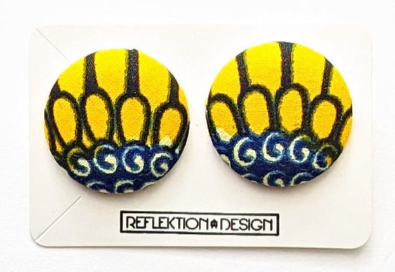 Yellow Blue Ankara Fabric Button Earrings