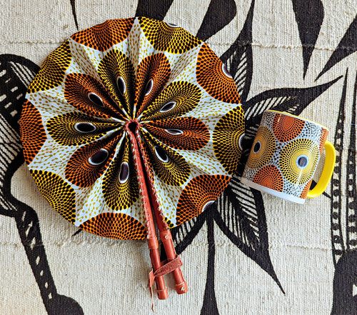 Yellow Orange AnkaraFabric Folding Hand Fan & Mug Gift Set