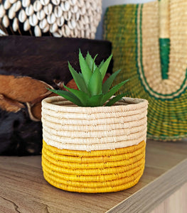 Yellow Beige Woven African Planter Basket