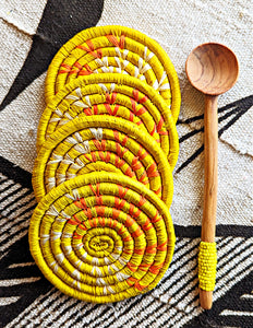 Yellow Woven Coasters + Yellow Bead Wood Spoon Set