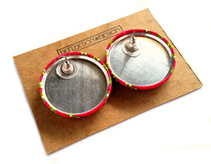 Hot Pink Green dot african print jAnkara Fabric Button Earrings
