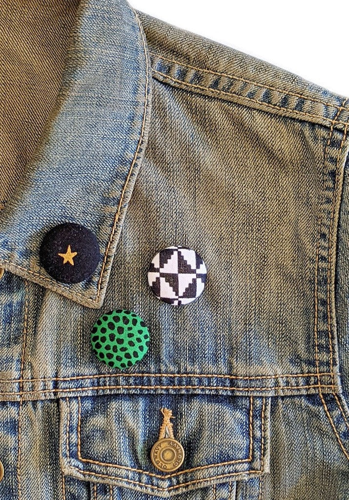 Green Black White African Print Fabric Jacket Pin Set