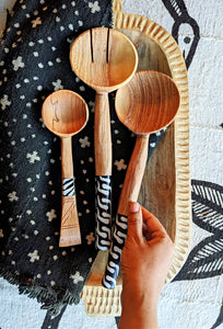 African Olive Wood Salad Server Set Batik Handle