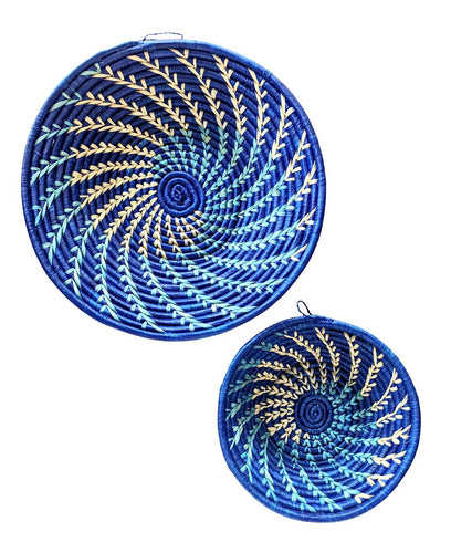 Set of 2 Blue Woven Raffia Baskets