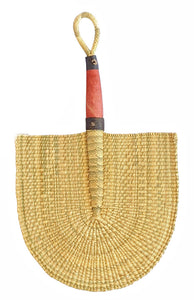 Natural Woven Grass Fan Mixed Leather Handle