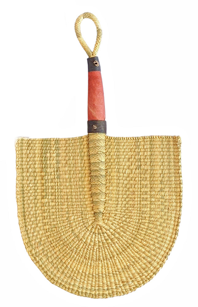 Natural Woven Grass Fan Mixed Leather Handle