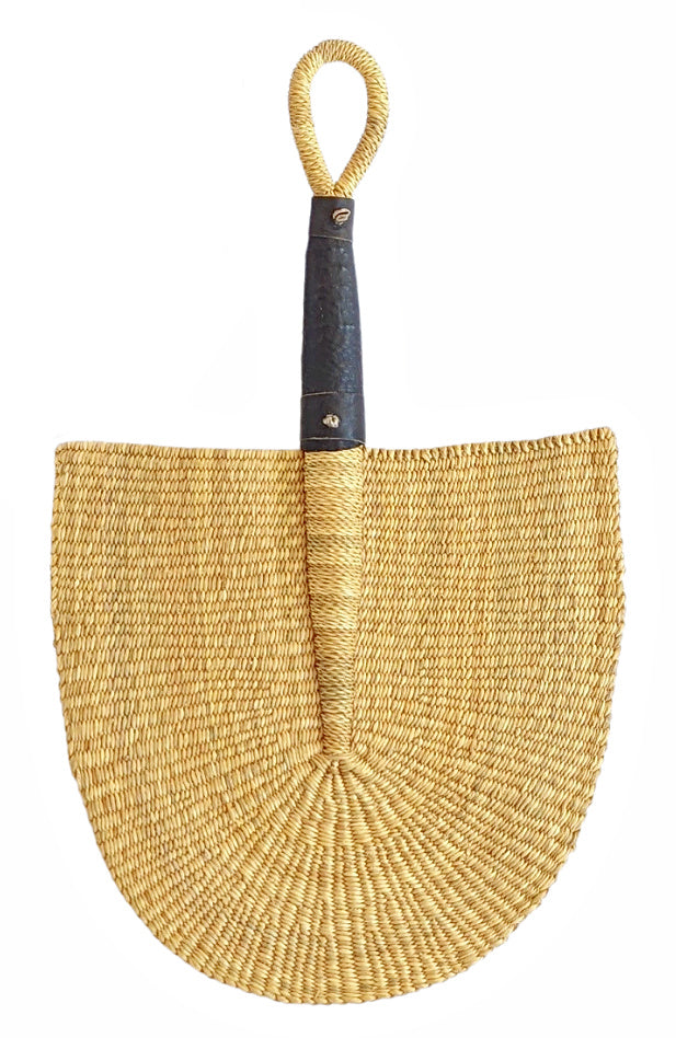 Natural Woven Fan Black Leather Handle