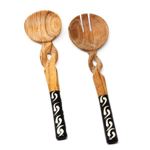 {Imperfections} Kenyan Olive Wood Twisted Salad Server Set