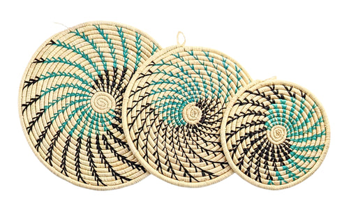 Set of 3 Teal Black Woven Raffia Trivet Mats