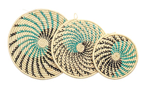 Set of 3 Teal Black Woven Raffia Trivet Mats