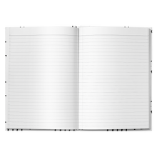 Open view of a hard cover journal lined with white and black African pattern on the front