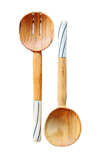 {Imperfections} Wood Salad Server Set Black White Bone Handle