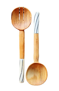 {Imperfections} Wood Salad Server Set Black White Bone Handle